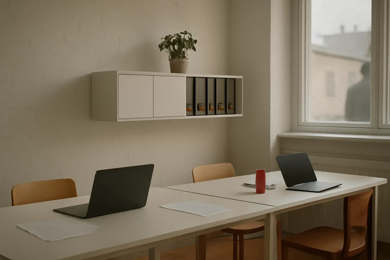 A bright office in Søborg with desks, laptops and daylight from large windows.