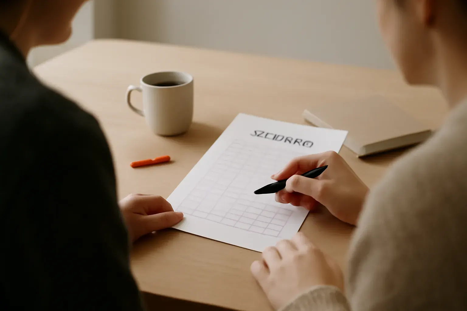 Two people reviewing a printed delivery report at a table.
