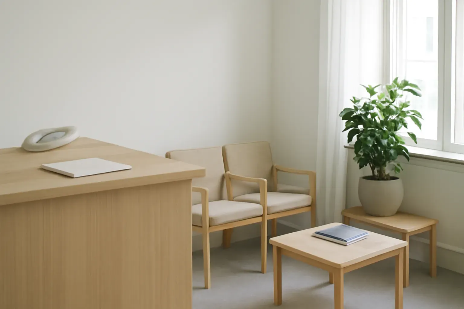 A calm clinic reception with a desk and a waiting area.