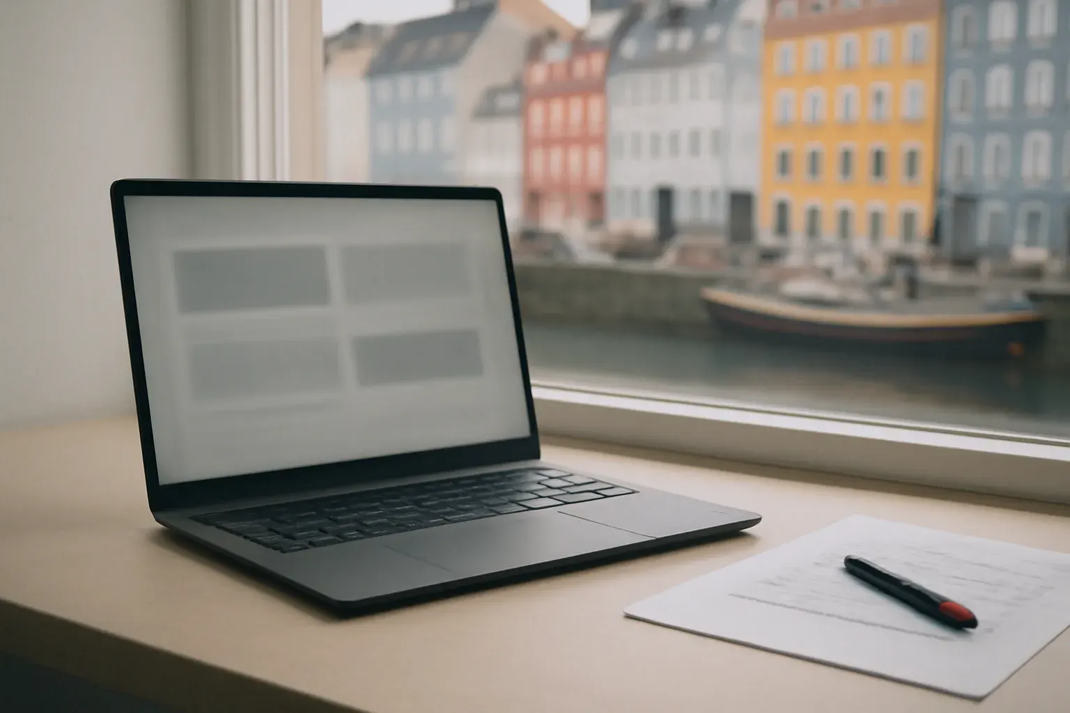 A laptop on a desk with a blurred Copenhagen canal behind it.