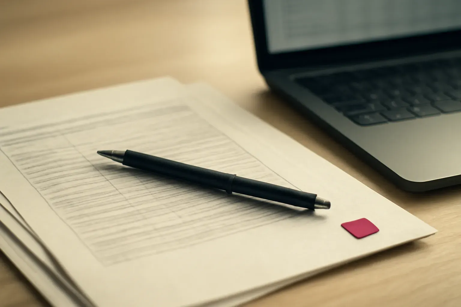 A desk with printed report pages, a pen and a laptop showing a tidy spreadsheet.